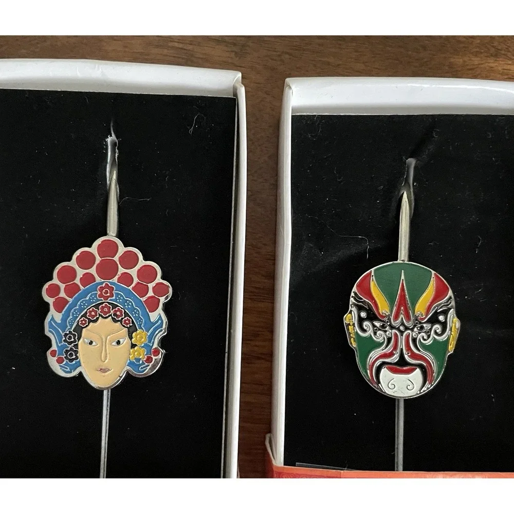 Peking Opera Bookmarks‎ Enamel Metal Set of 2 Asian Warrior Mask in Boxes